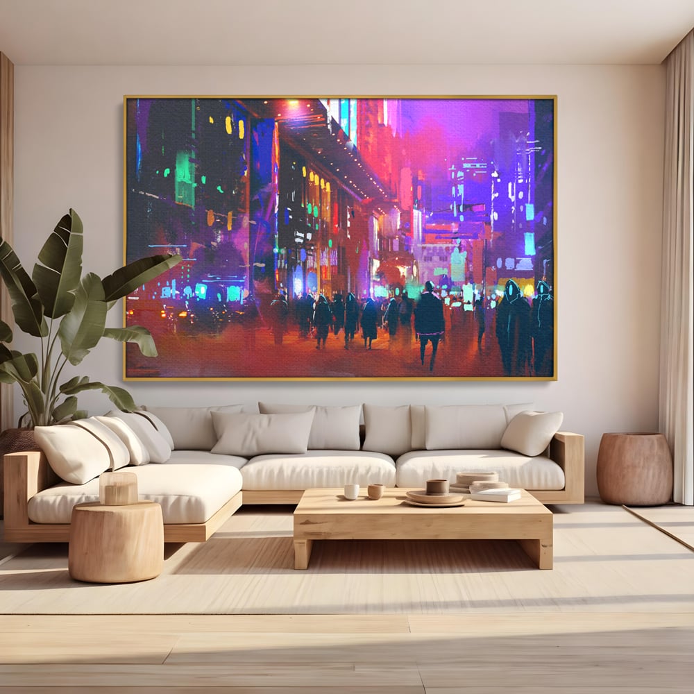 Tablou canvas cu ilustratie digitala cu oras nocturn, in rama de aluminiu auriu, pe perete intr-un living